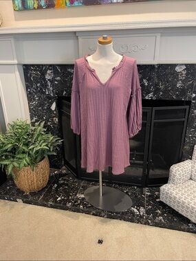 Maurices Ribbed V-Neck Mauve Top with Ruffle Trim